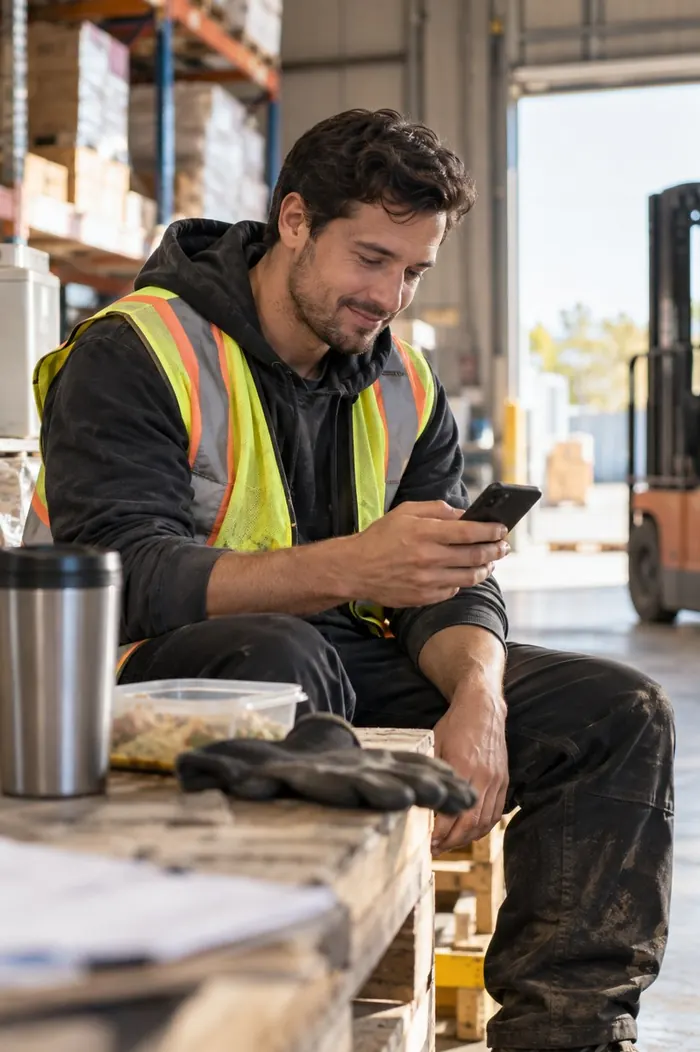 Un employé d'entrepôt regarde son téléphone pendant sa pause