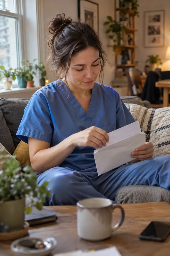 Une infirmière ouvre une enveloppe chez elle