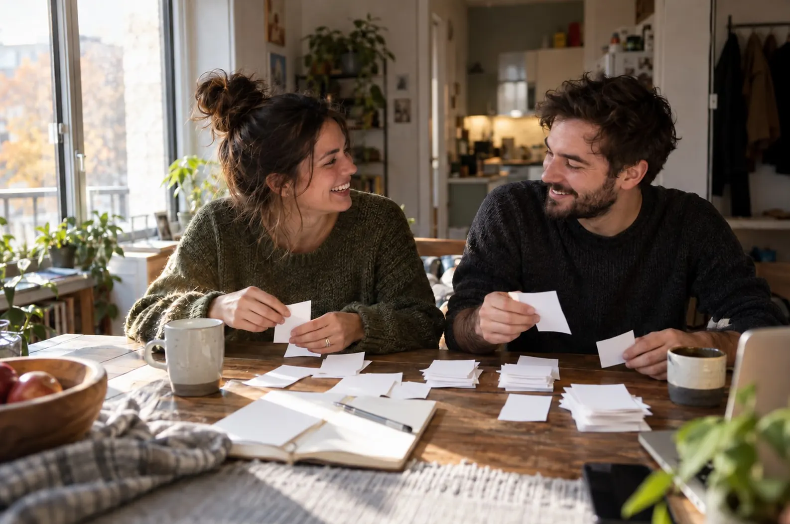 Un jeune couple trie des feuillets sur une petite table