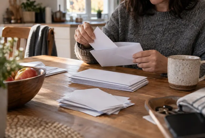 Des mains trient des enveloppes et des feuillets