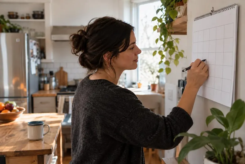 Une personne écrit sur un calendrier de cuisine