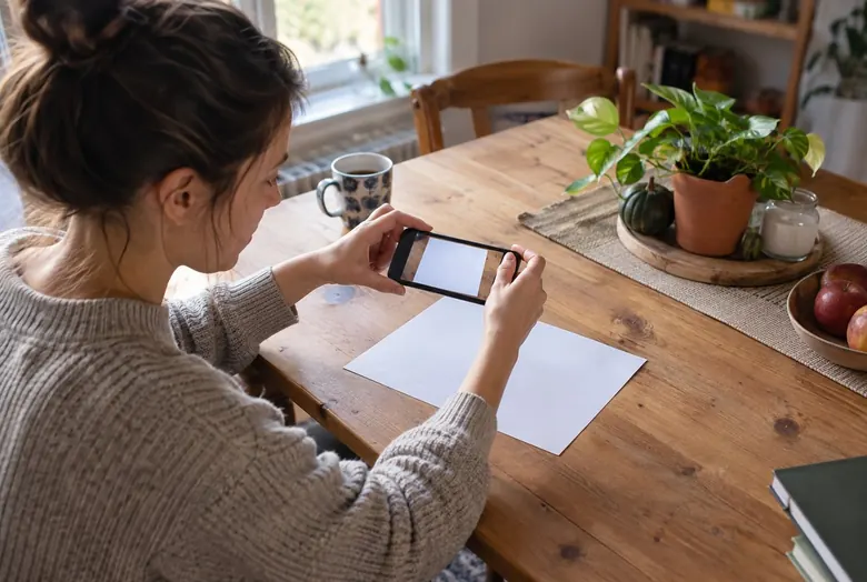 Une personne photographie une feuille avec son téléphone