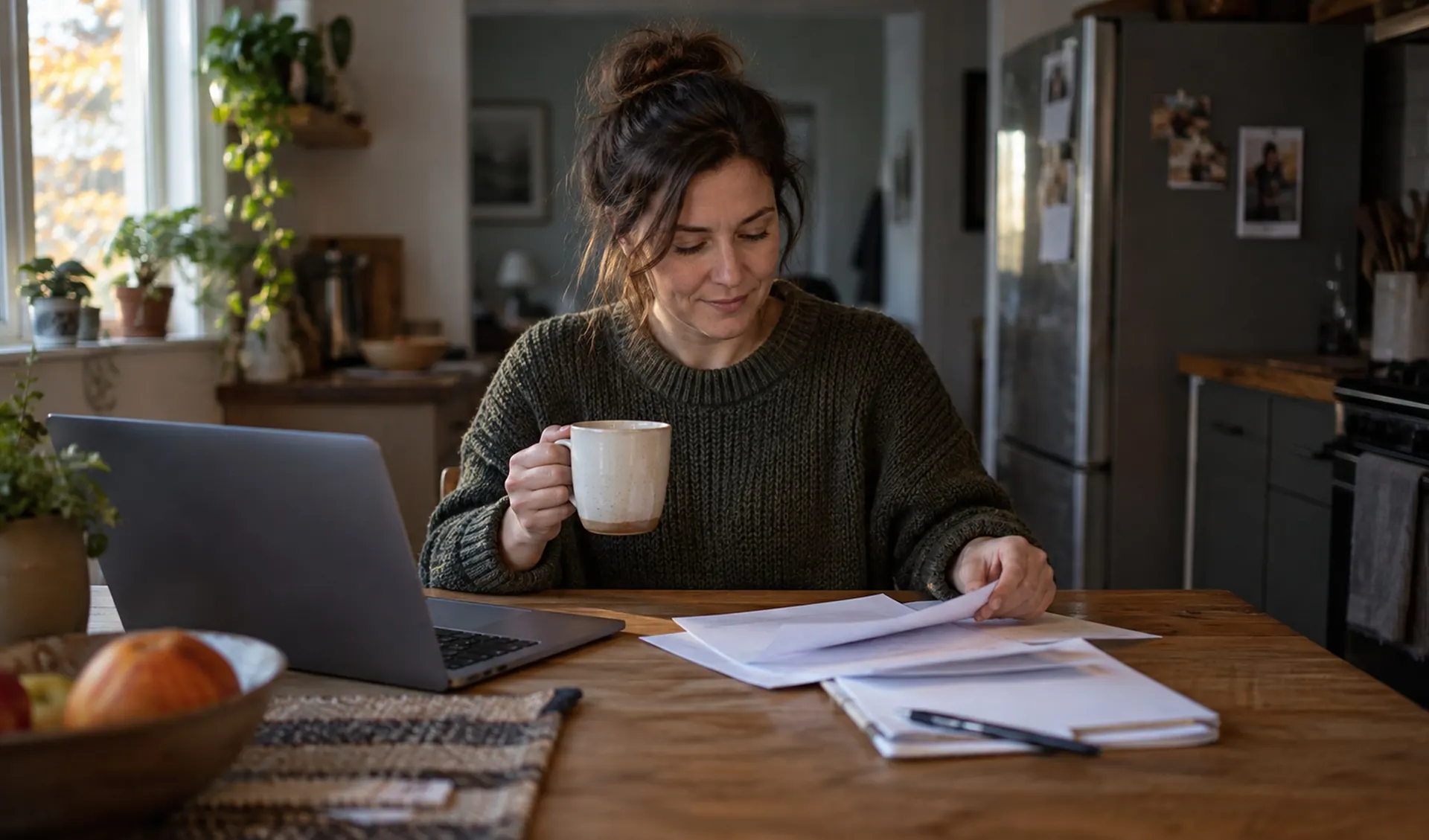 Une femme à la table de sa cuisine, des papiers devant elle