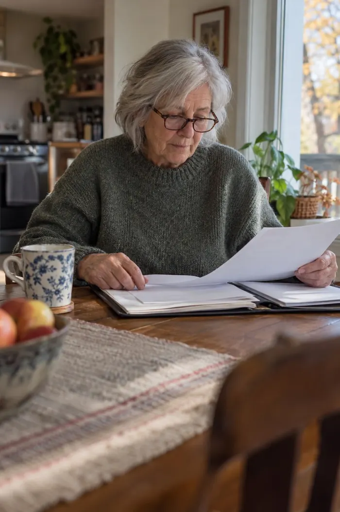Une femme retraitée, lunettes sur le nez, devant un dossier