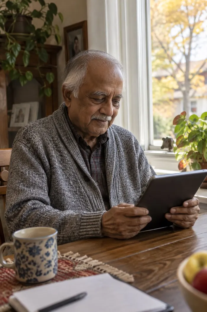 Un homme retraité près d'une fenêtre, une tablette à la main