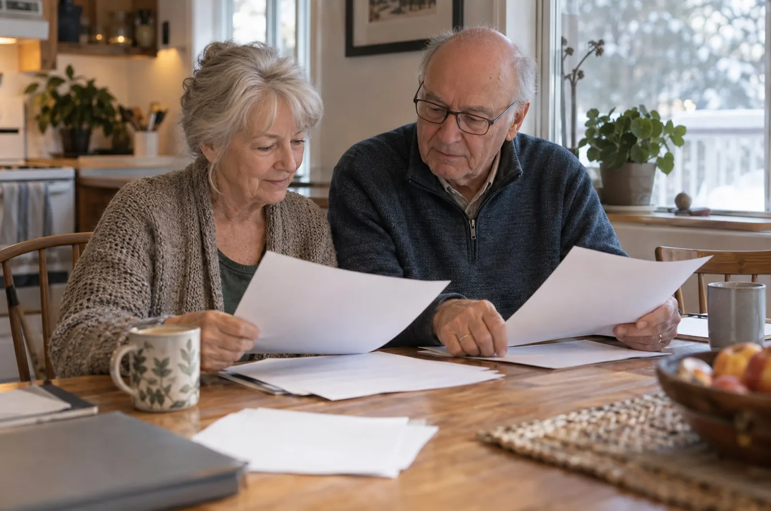 Un couple de retraités revoit ses papiers à la table de cuisine