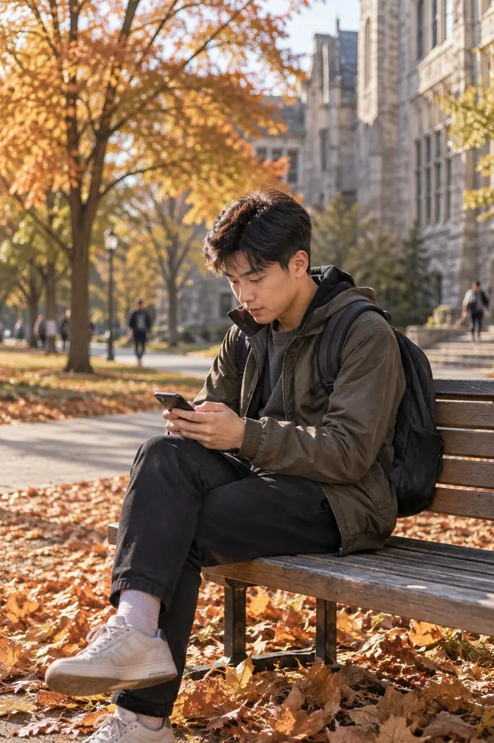 Un étudiant sur un banc du campus, l'automne